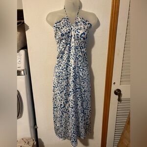 size L white and blue leopard halter neck dress